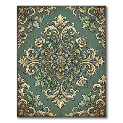 Sage Green Vintage Rose Damask Medallion Rug