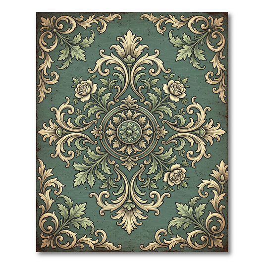 Sage Green Vintage Rose Damask Medallion Rug