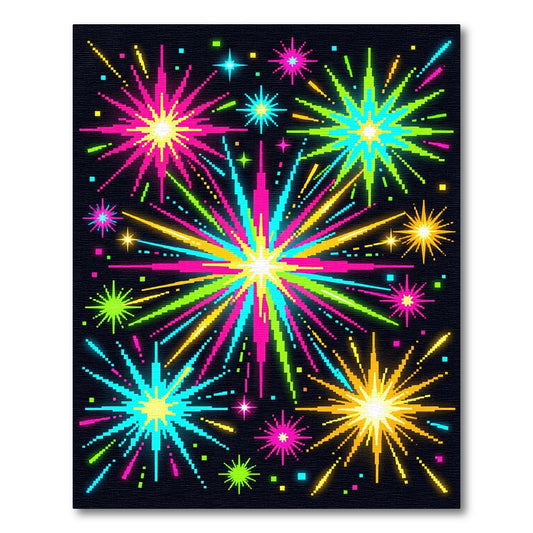 Vibrant Pixelated Neon Fireworks Explosion Rug