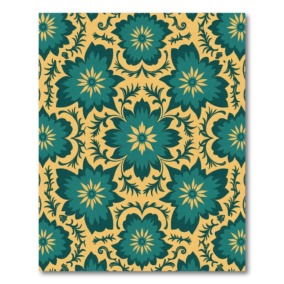Teal Yellow Floral Medallion Arrangement Rug