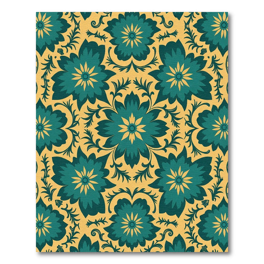 Teal Yellow Floral Medallion Arrangement Rug