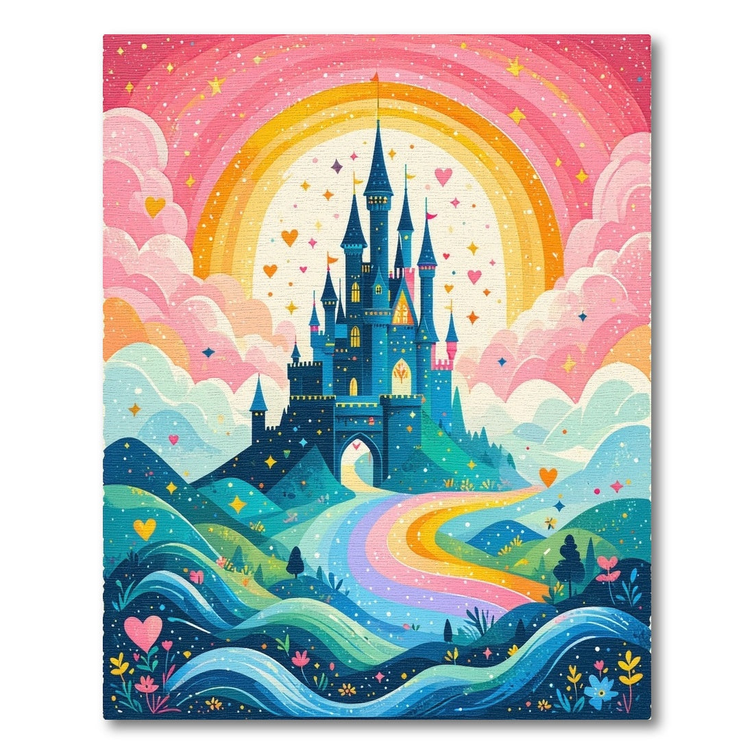 Whimsical Castle Rainbow Hearts Rug