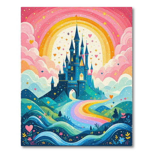 Whimsical Castle Rainbow Hearts Rug