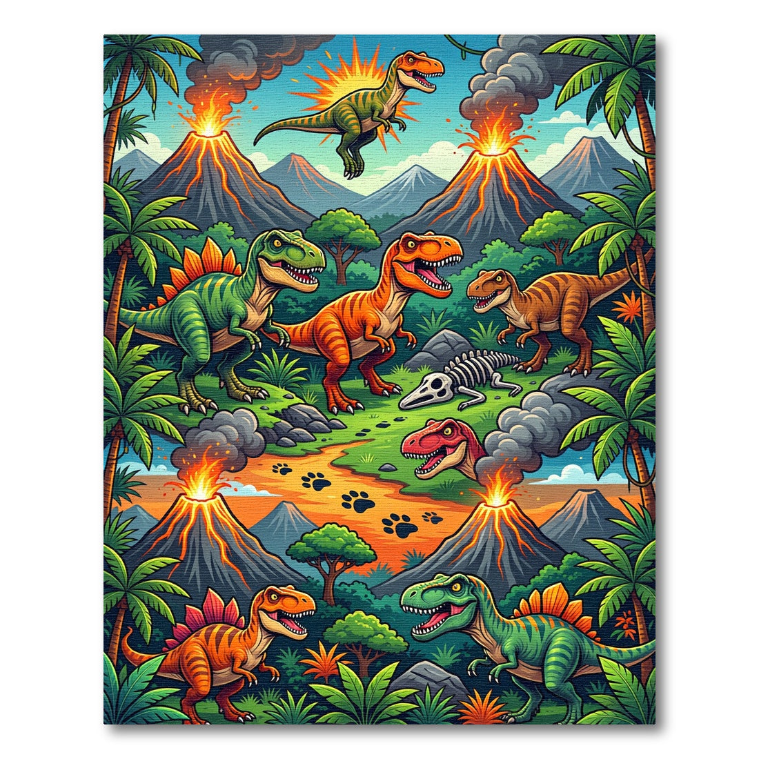 Vibrant Dinosaur Volcano Jungle Rug