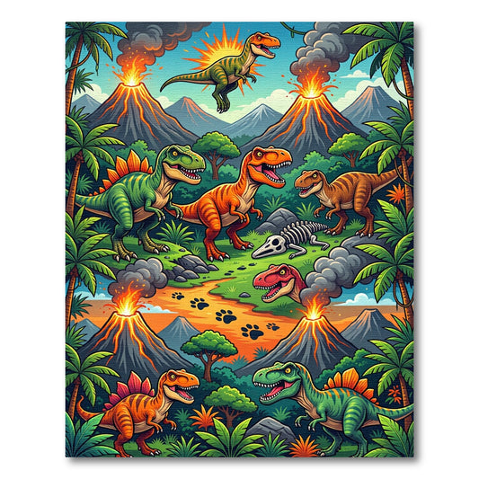 Vibrant Dinosaur Volcano Jungle Rug