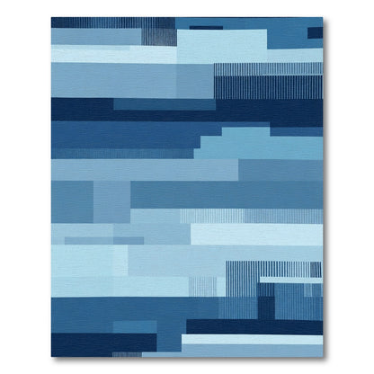 Indigo Blue Geometric Stripe Blocks Rug