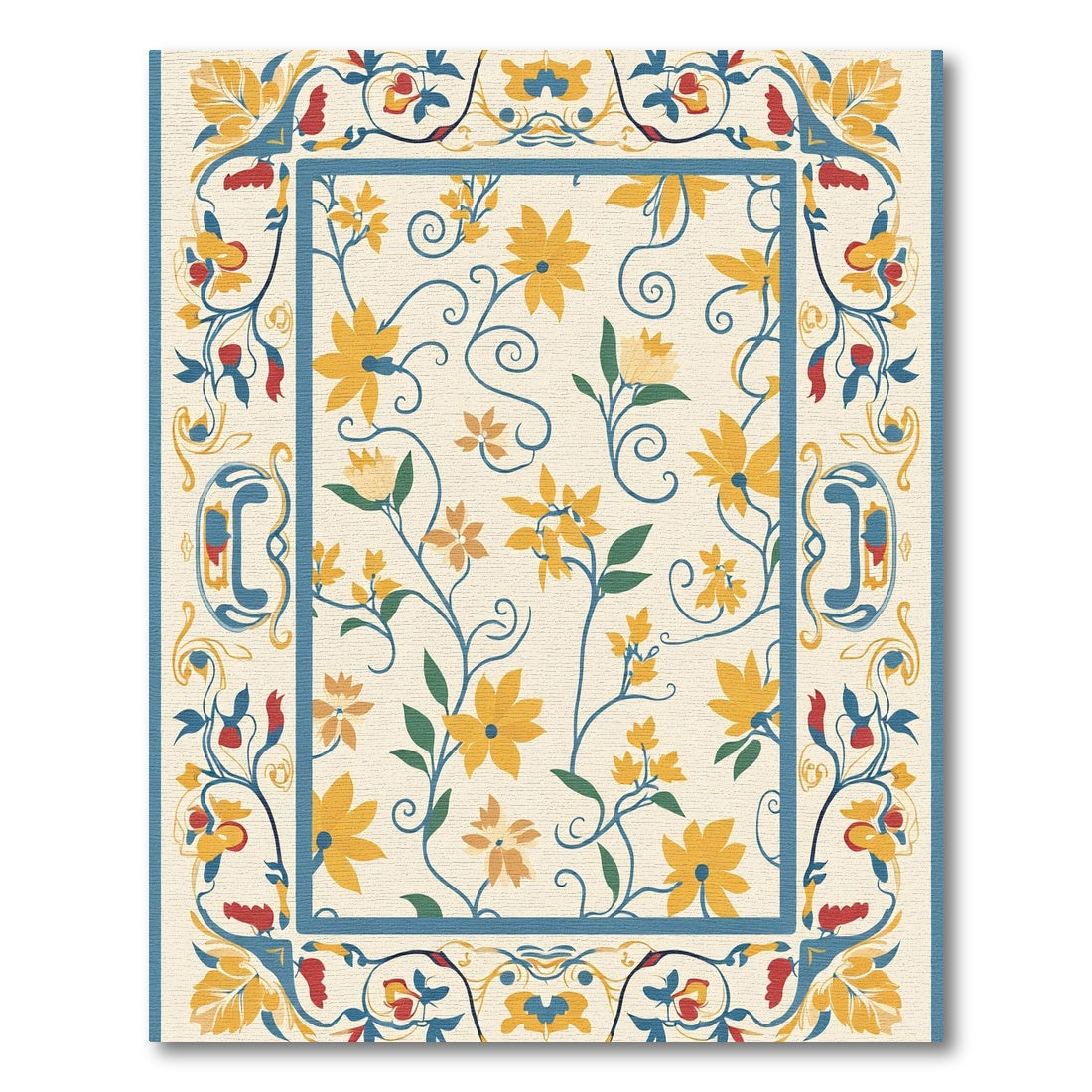 Golden Yellow Floral Botanical Border Accents Rug