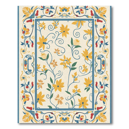 Golden Yellow Floral Botanical Border Accents Rug