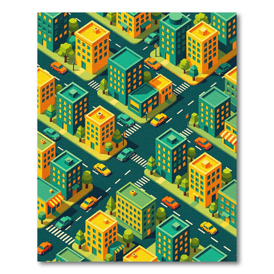 Vibrant Isometric Teal Yellow Cityscape Rug