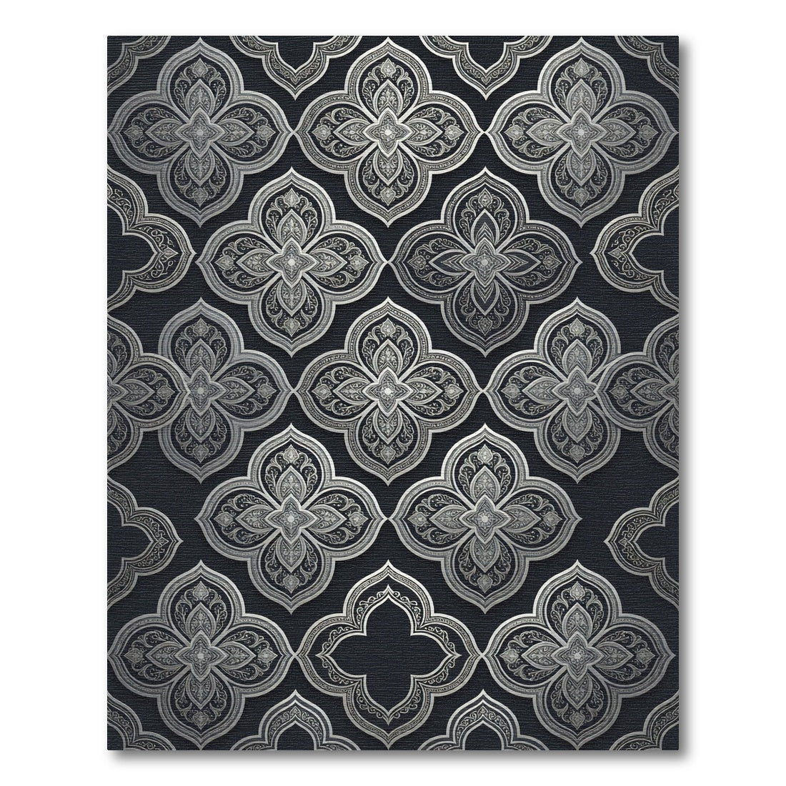 Ornate Silver Quatrefoil Arabesque Rug