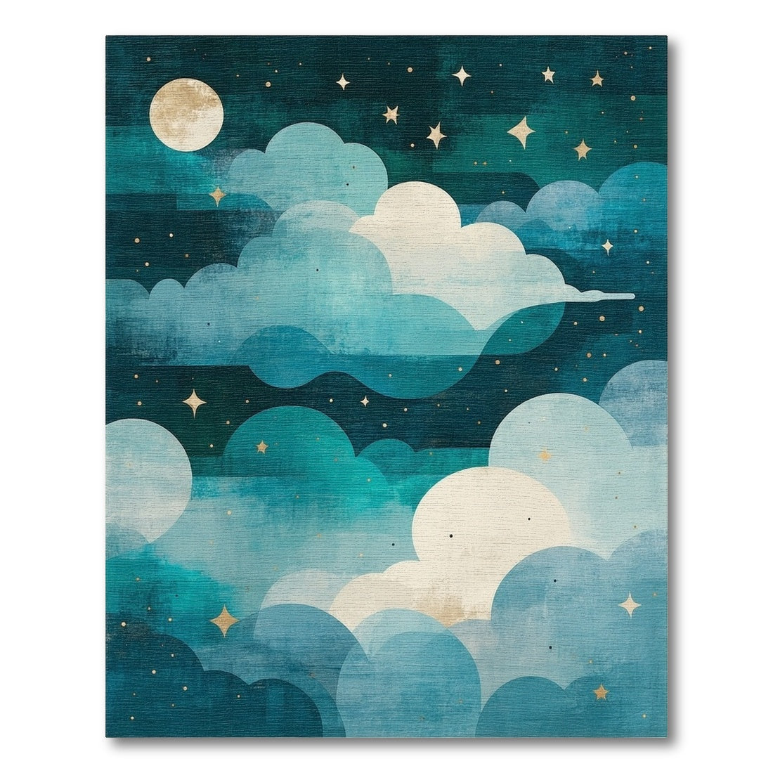 Dreamy Teal Starry Clouds Moon Rug