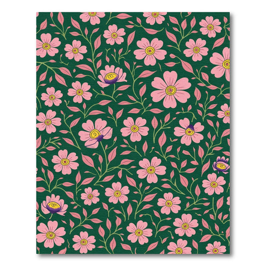 Pink Blossom Garden on Dark Green Rug