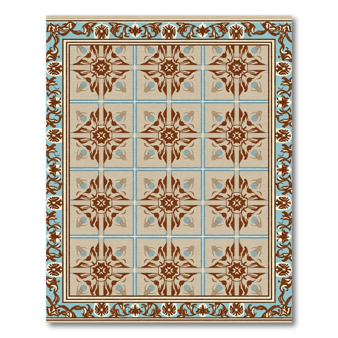 Brown Blue Floral Tile Frame Rug