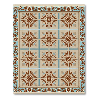 Brown Blue Floral Tile Frame Rug