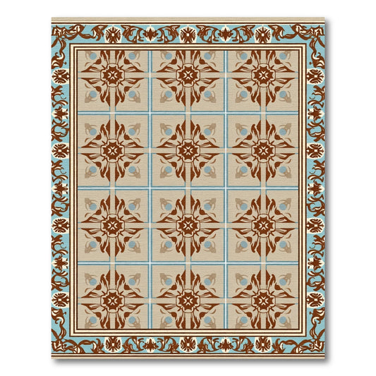 Brown Blue Floral Tile Frame Rug