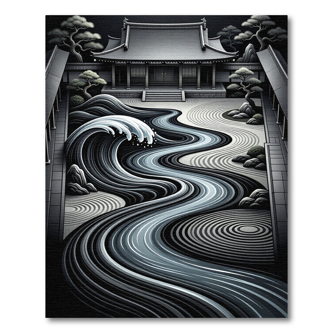Monochromatic Zen Garden River Wave Rug