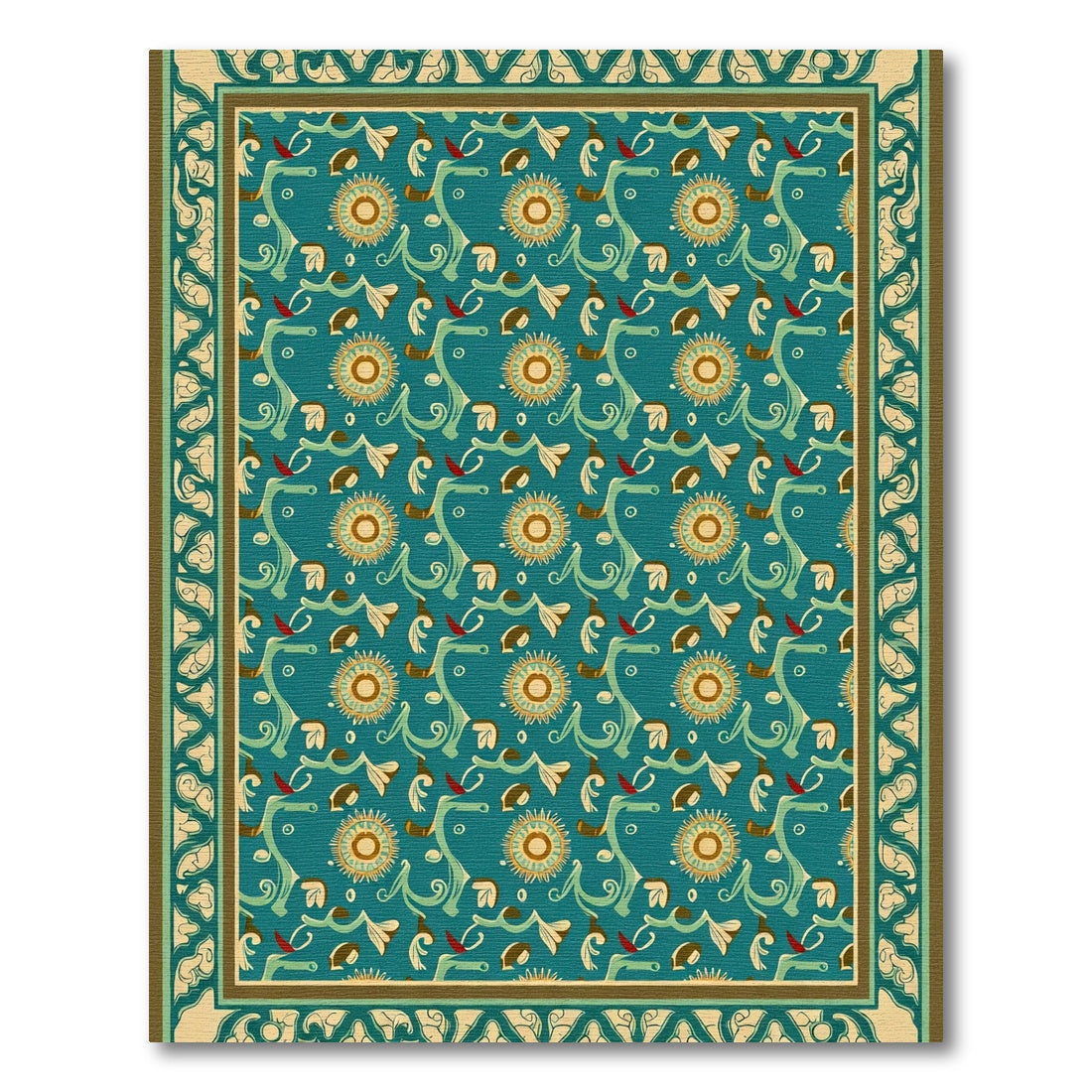 Turquoise Sunburst Floral Vine Border Rug