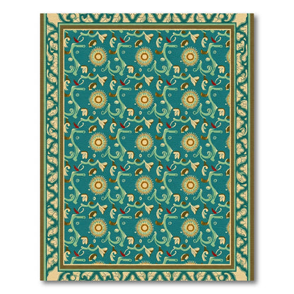 Turquoise Sunburst Floral Vine Border Rug