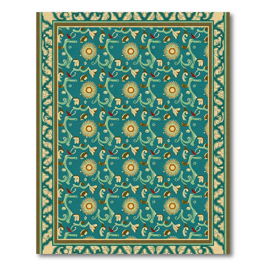 Turquoise Sunburst Floral Vine Border Rug
