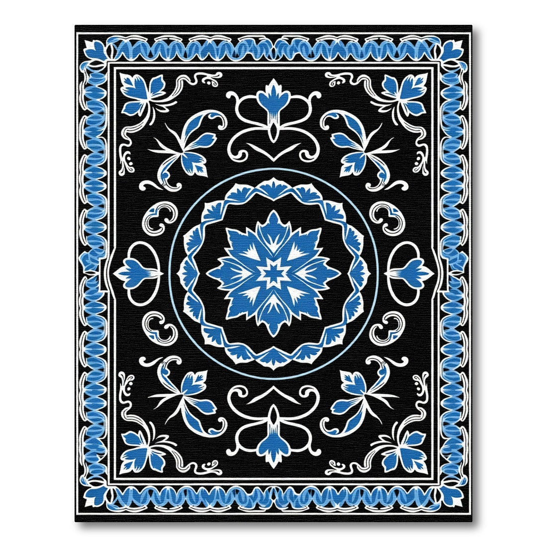 Vibrant Blue Floral Medallion Black Rug