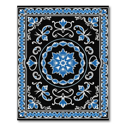 Vibrant Blue Floral Medallion Black Rug