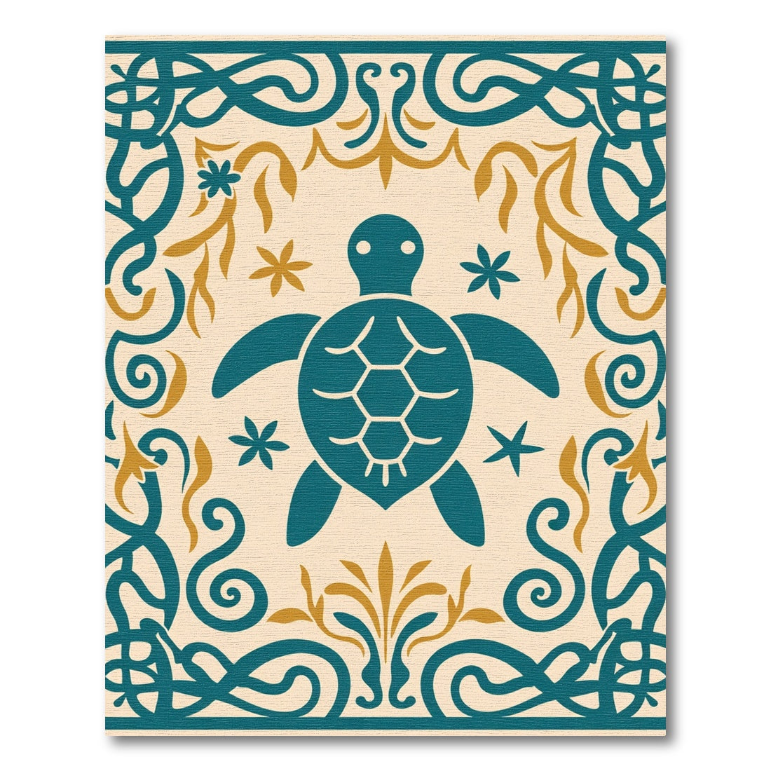 Teal Sea Turtle Golden Floral Border Rug