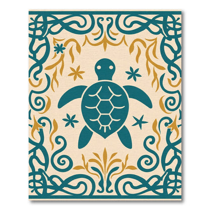 Teal Sea Turtle Golden Floral Border Rug