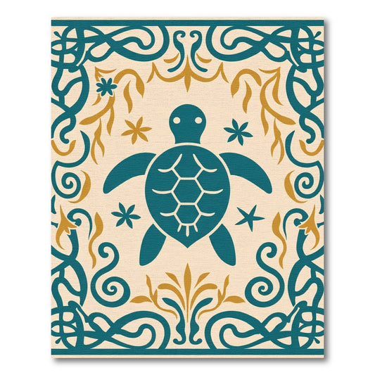 Teal Sea Turtle Golden Floral Border Rug