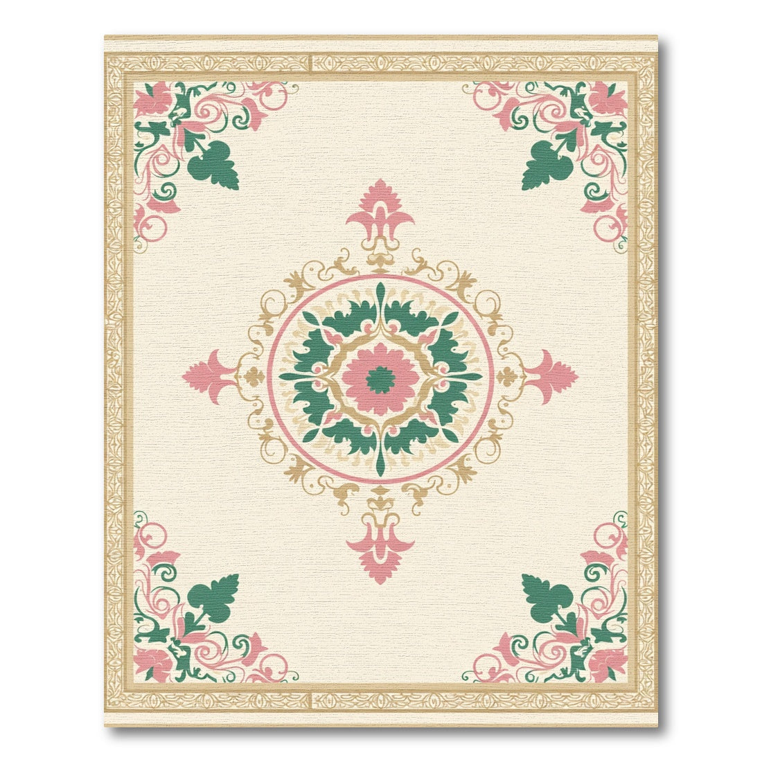Cream Pink Green Floral Medallion Frame Rug