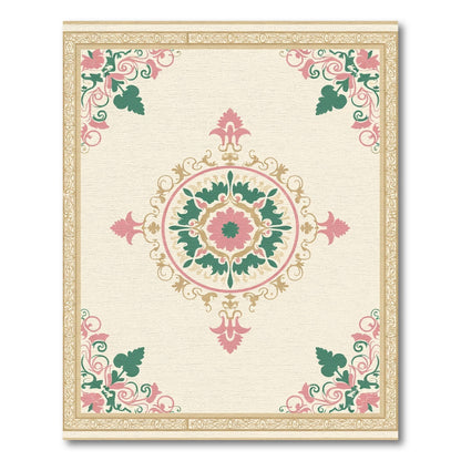 Cream Pink Green Floral Medallion Frame Rug