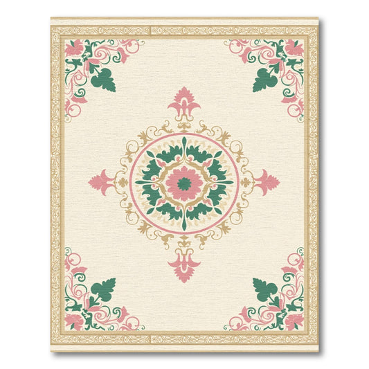 Cream Pink Green Floral Medallion Frame Rug