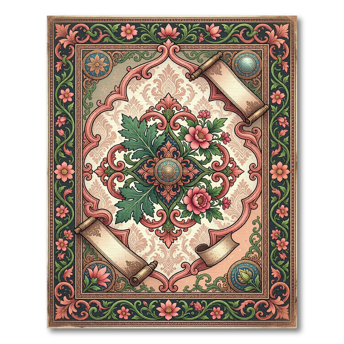 Ornate Vintage Floral Scroll Medallion Art Rug
