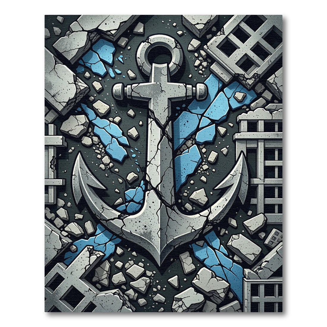Gray Anchor Ruins Blue Cracks Rug