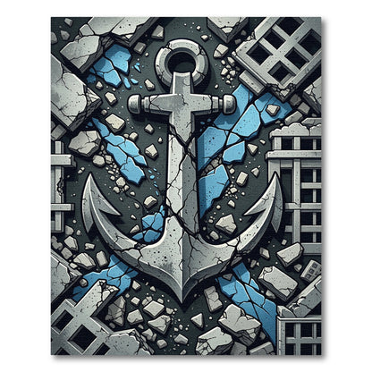 Gray Anchor Ruins Blue Cracks Rug