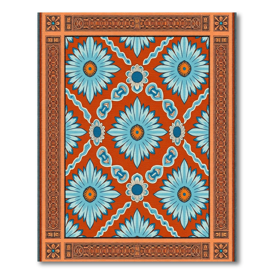 Orange Blue Floral Medallion Frame Rug