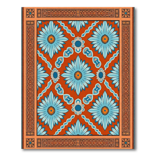 Orange Blue Floral Medallion Frame Rug