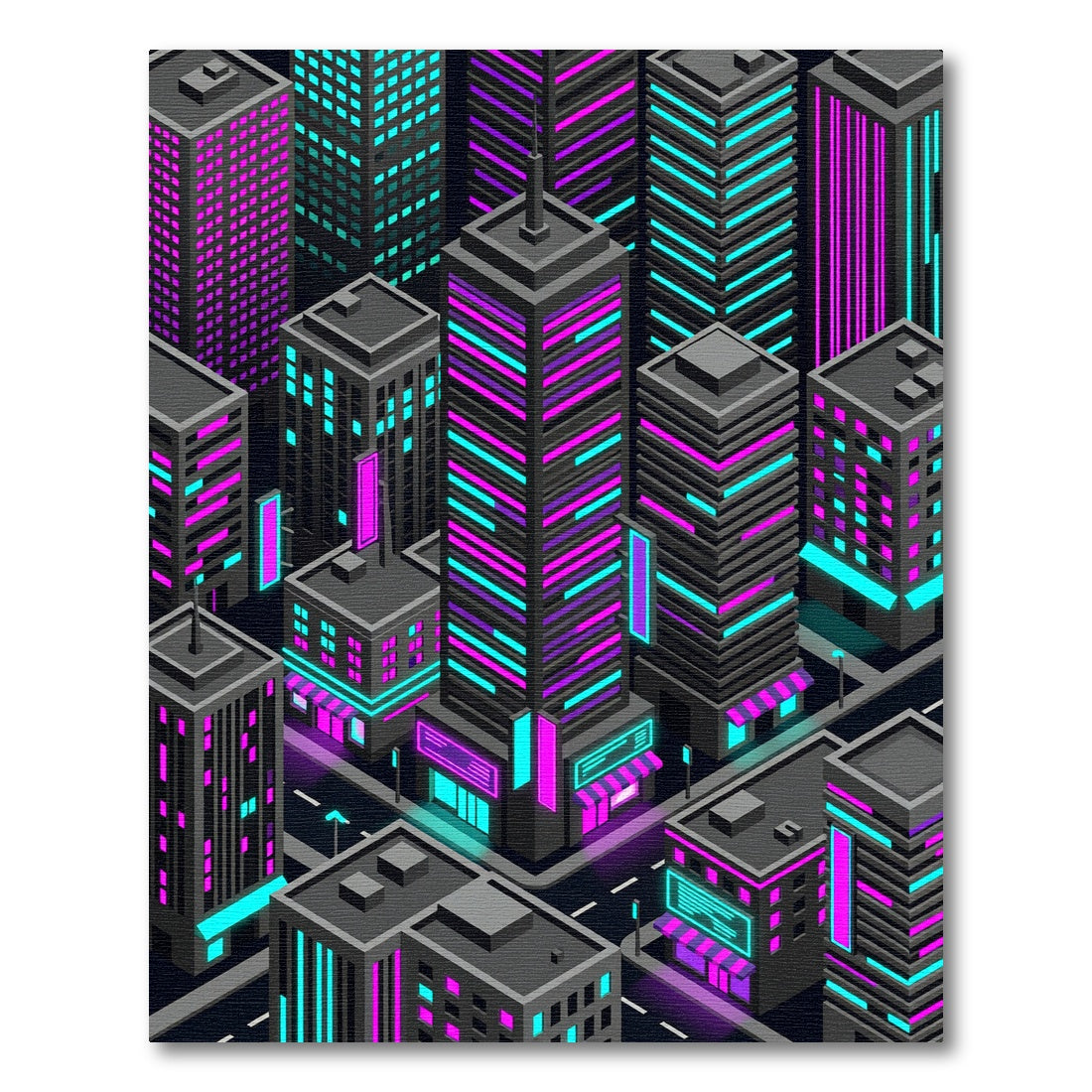 Cyberpunk Neon Isometric Skyscraper Cityscape Rug