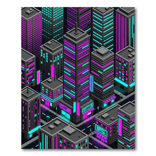 Cyberpunk Neon Isometric Skyscraper Cityscape Rug