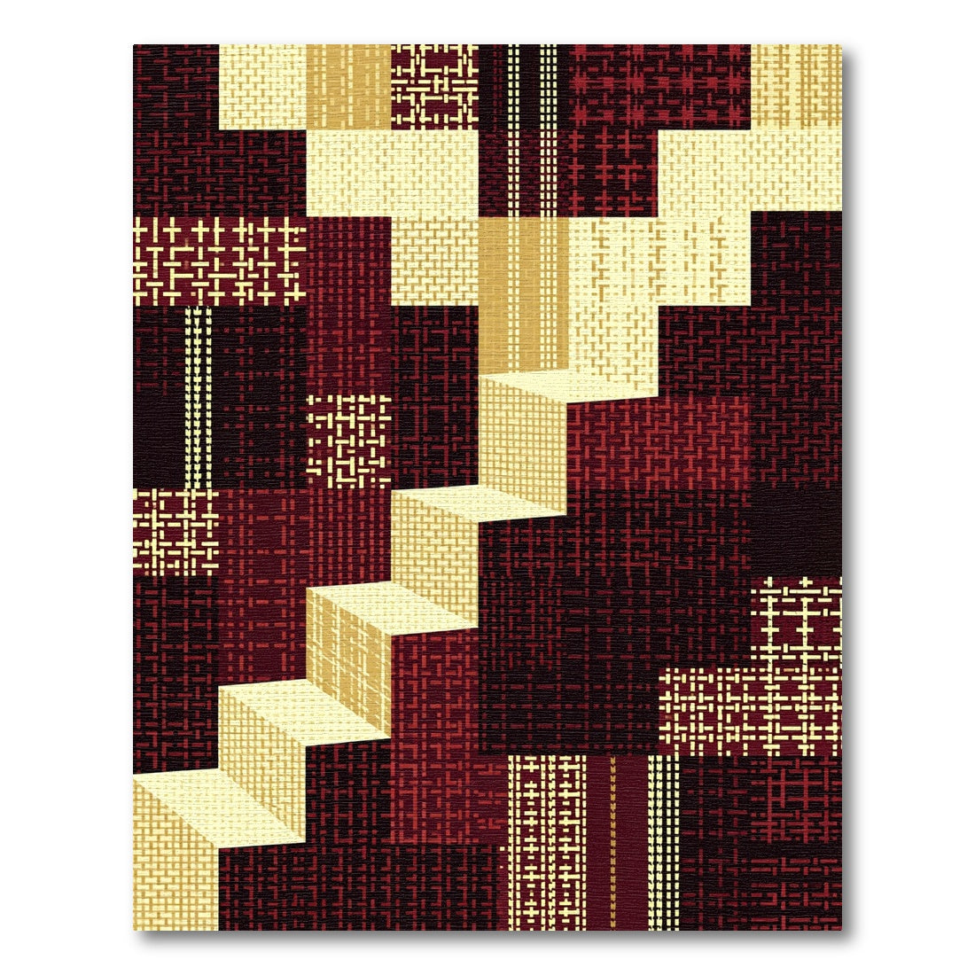 Geometric Stairs Burgundy Yellow Patchwork Rug