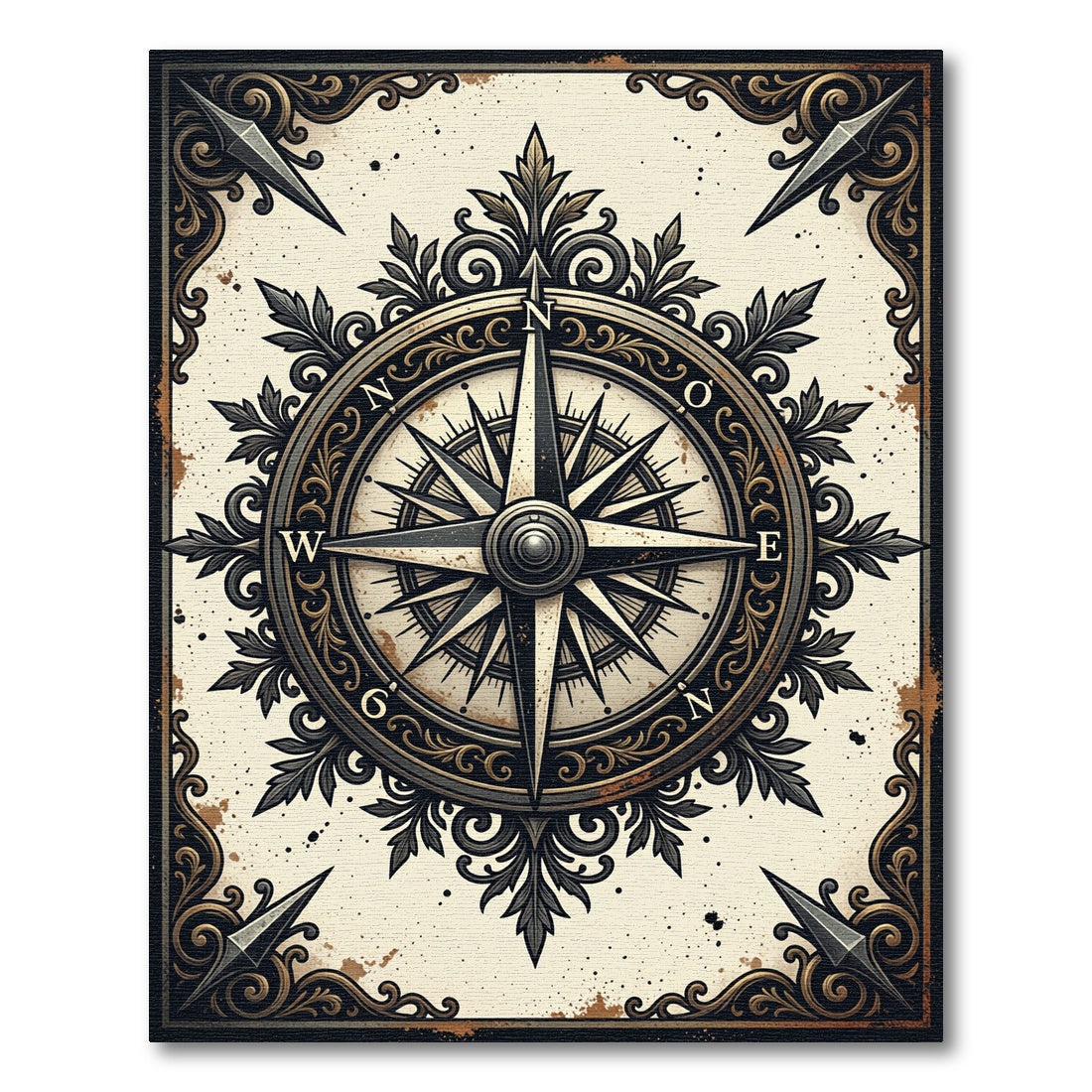 Vintage Gold Compass Nautical Art Rug