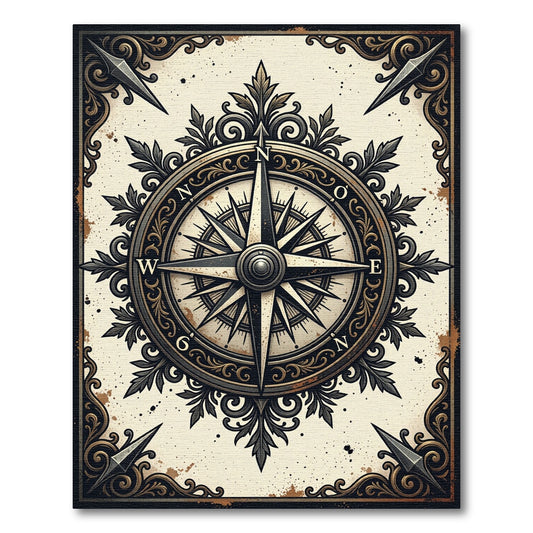Vintage Gold Compass Nautical Art Rug