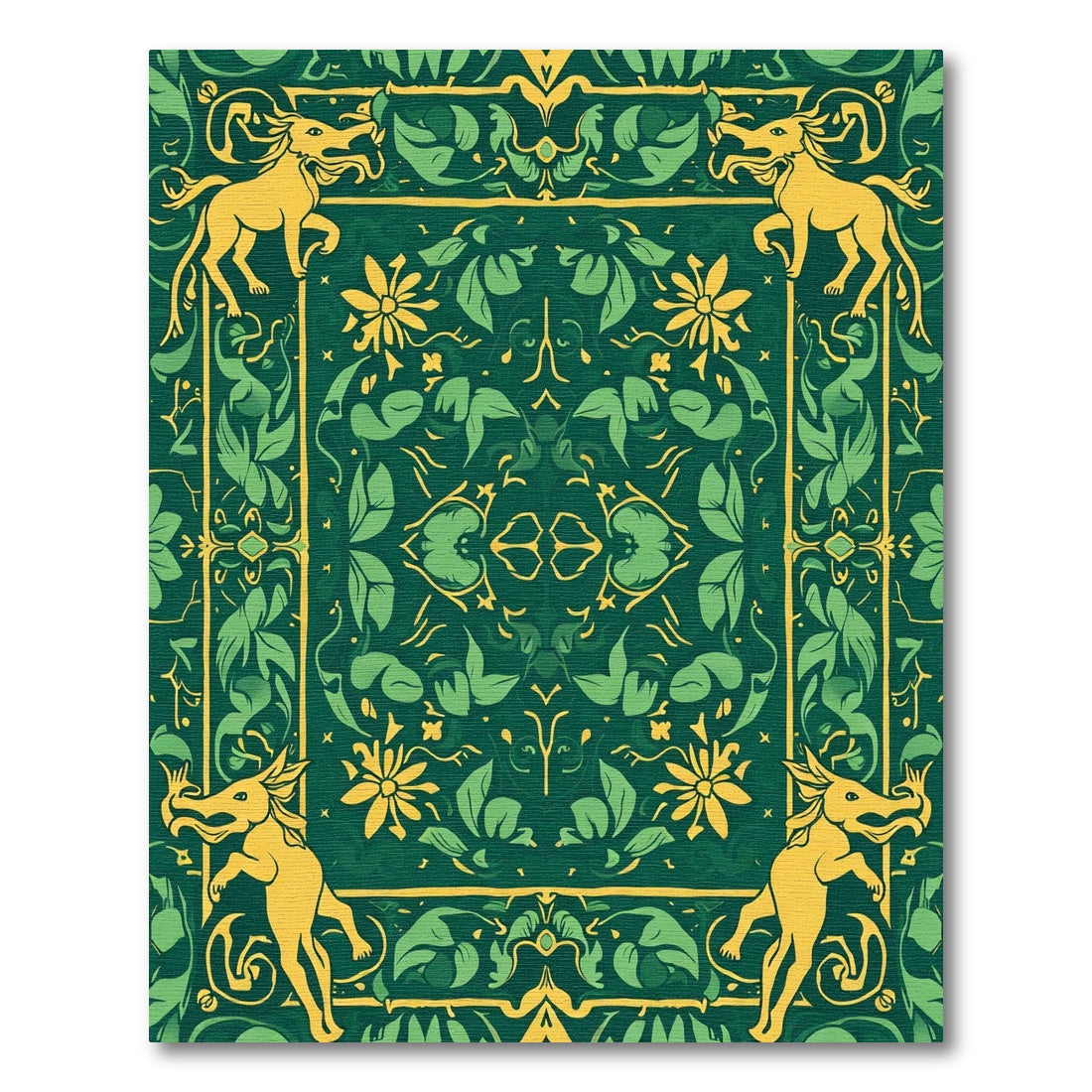 Golden Mythical Beasts Green Floral Rug