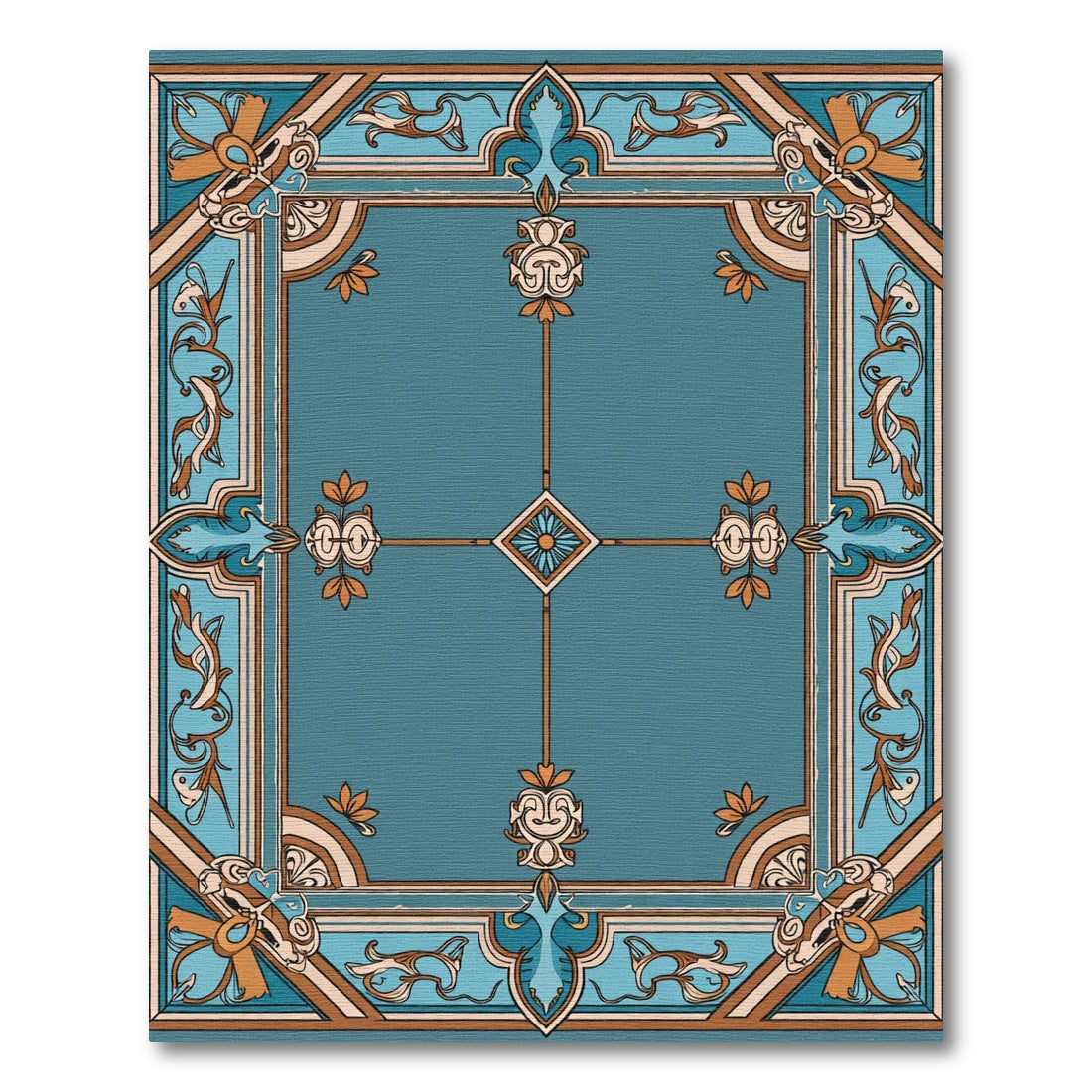 Teal Ornate Floral Geometric Border Rug