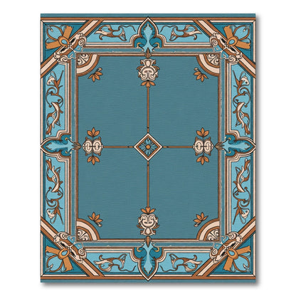 Teal Ornate Floral Geometric Border Rug