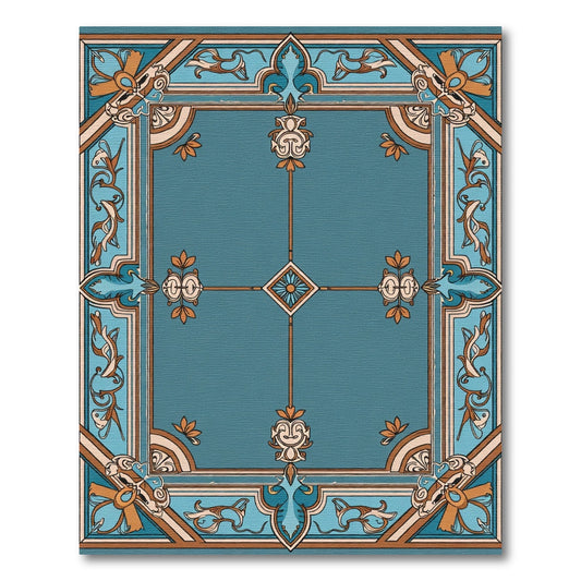 Teal Ornate Floral Geometric Border Rug