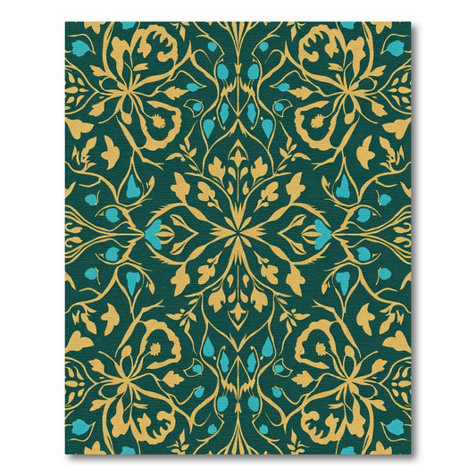 Deep Teal Gold Floral Arabesque Rug