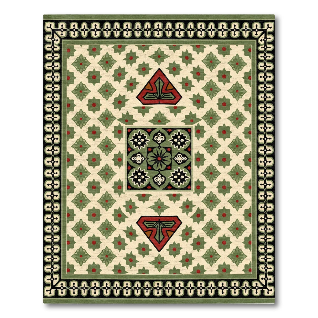 Cream Geometric Green Red Medallion Rug