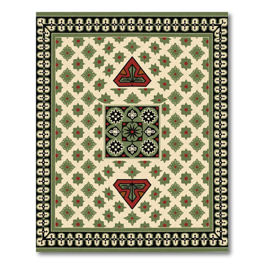 Cream Geometric Green Red Medallion Rug