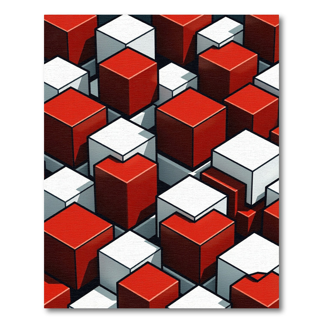 Geometric Red and White Isometric Cube Rug