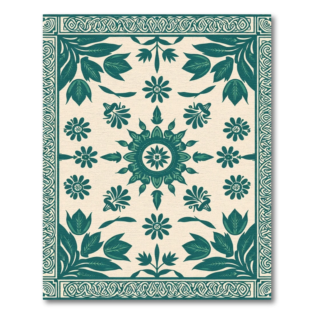 Teal Botanical Medallion Floral Border Rug